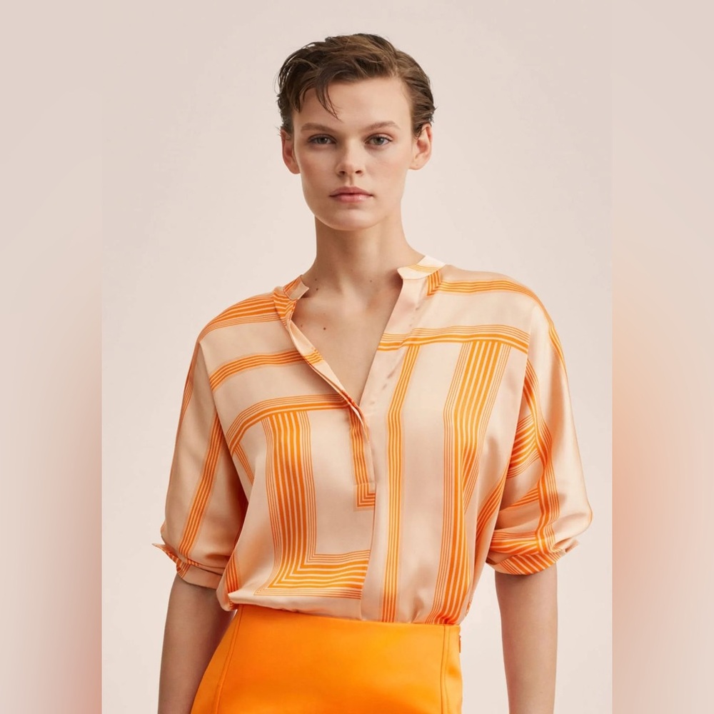 Mango Orange Boxy Blouse with Mandarin Collar